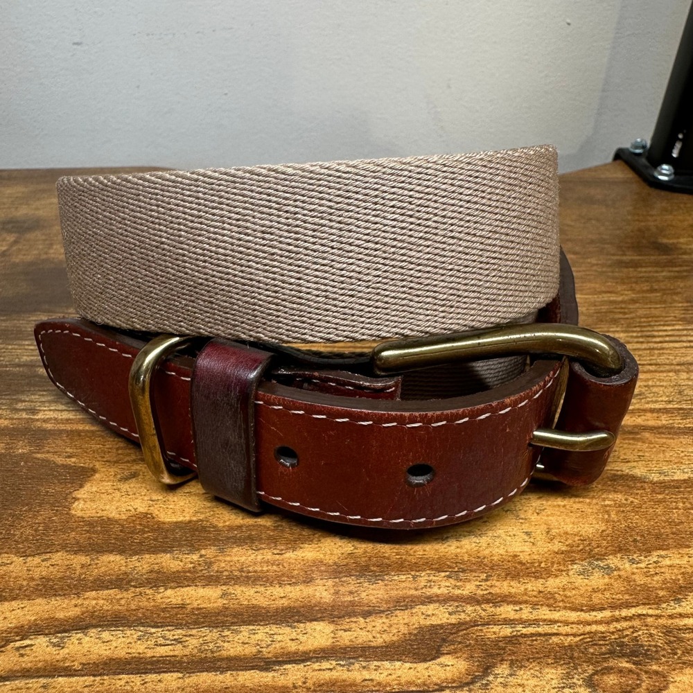 Orvis Mens Canvas and Leather Belt Brown Khaki Brass Buckle Made in USA Size 38